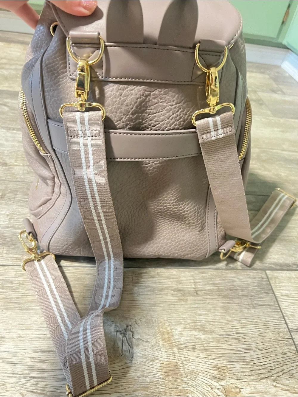 DKNY Mauve-Taupe Leather Drawstring Backpack with Gold Hardware